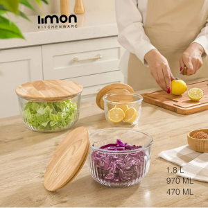 ظرف نگهدارنده لیمون مدل گرد شیاردار درب چوبی مجموعه 3 عددی 221259